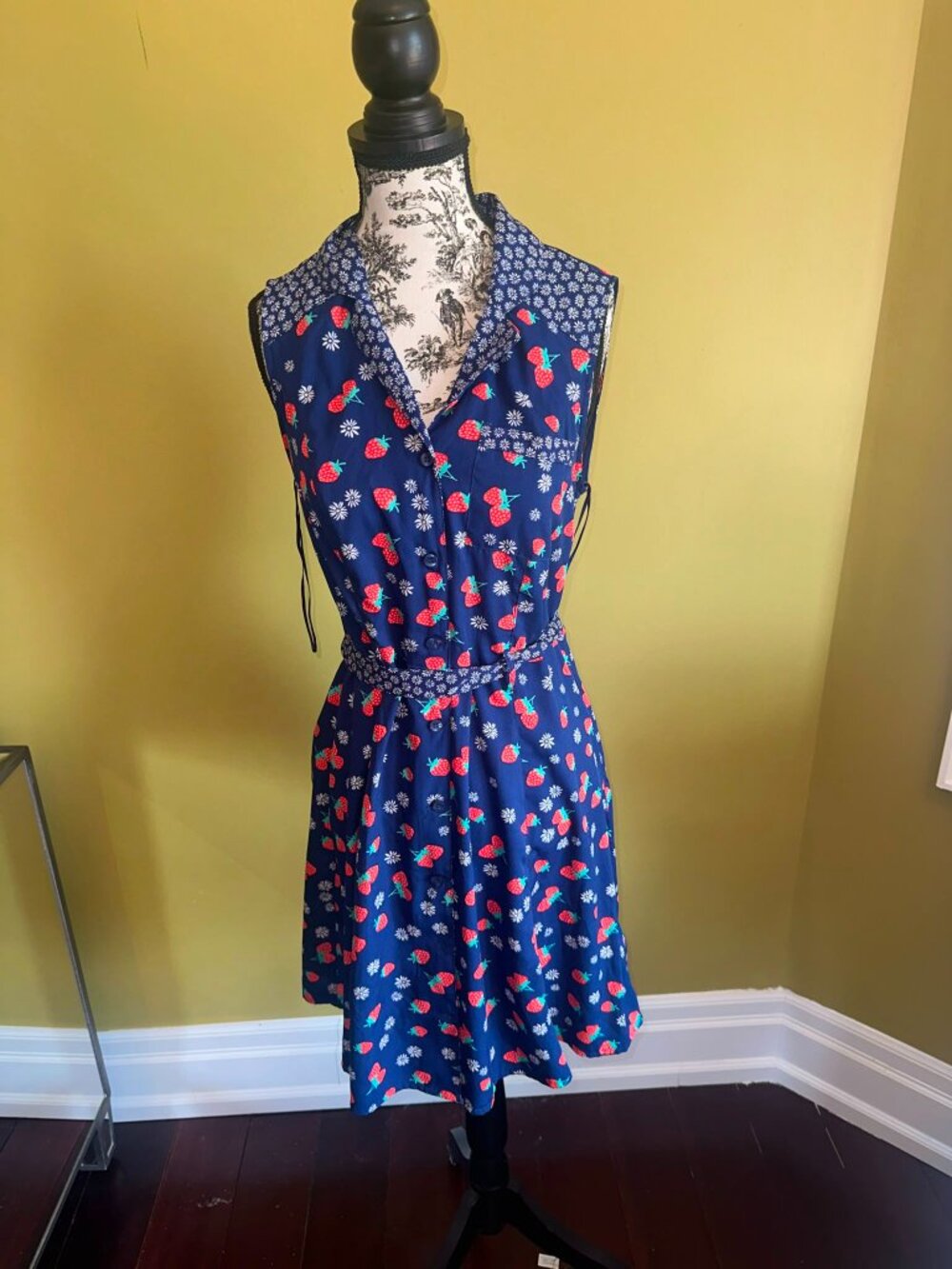 Vintage Retro Strawberry Print Midi Collared Dress Blue Daisy Cottagecore Summer - Picture 6 of 13